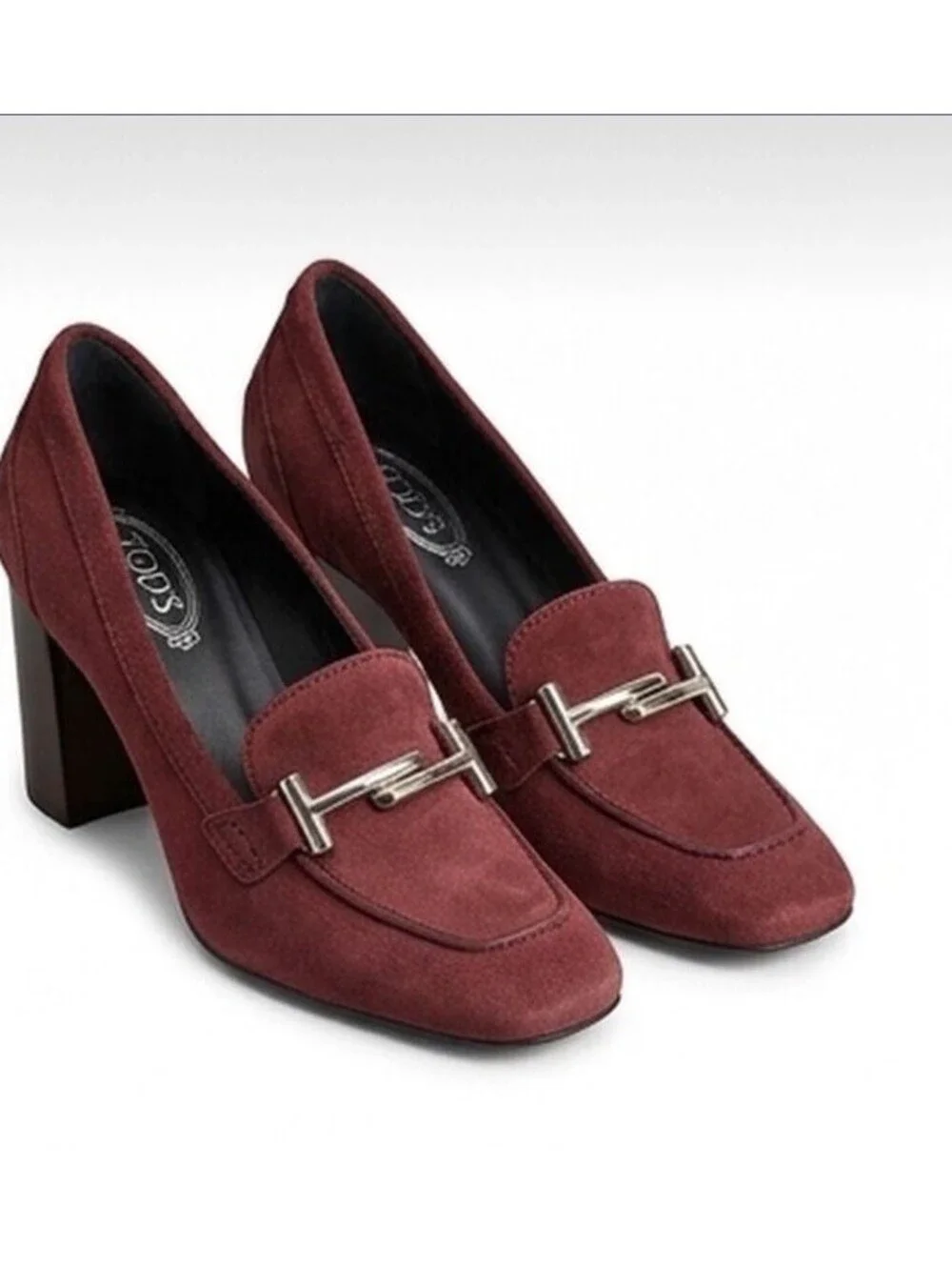 Tod's T Timeless Suede Heeled Loafers Burgundy Gold T Hardware Womens Sz 8